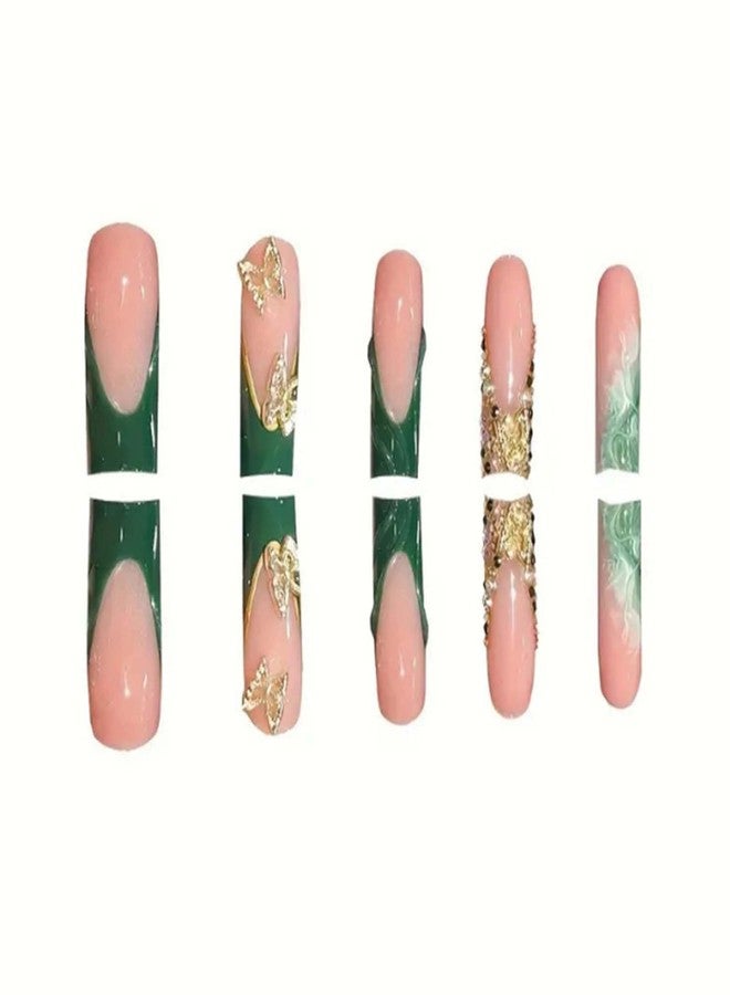 YoYoee Press on Nails -Luxury Long Fake Nails Coffin False Nails French Green Nails Butterfly Tips for Women and Girls 24Pcs - Image 4